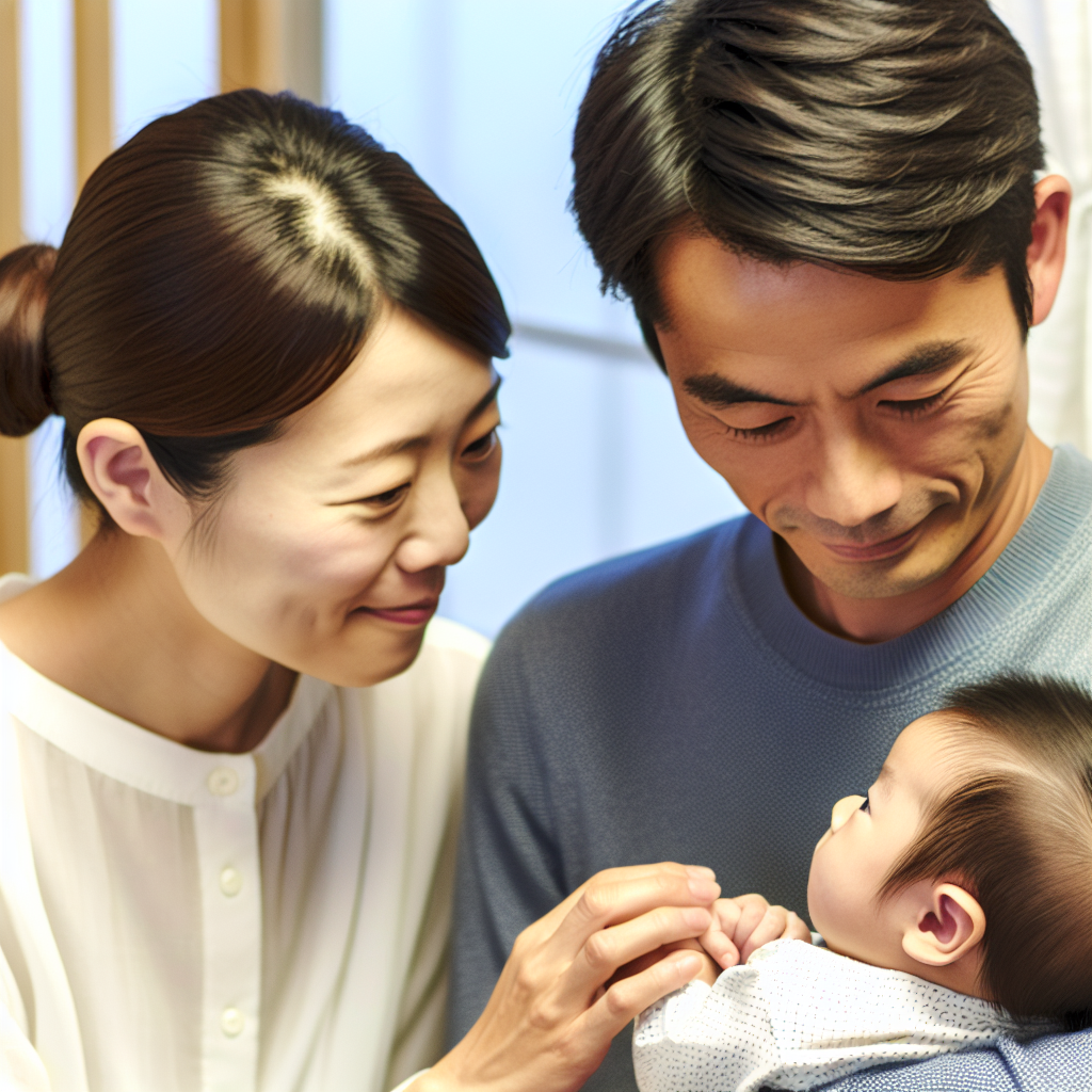 A serene family scene with new parents lovingly ga